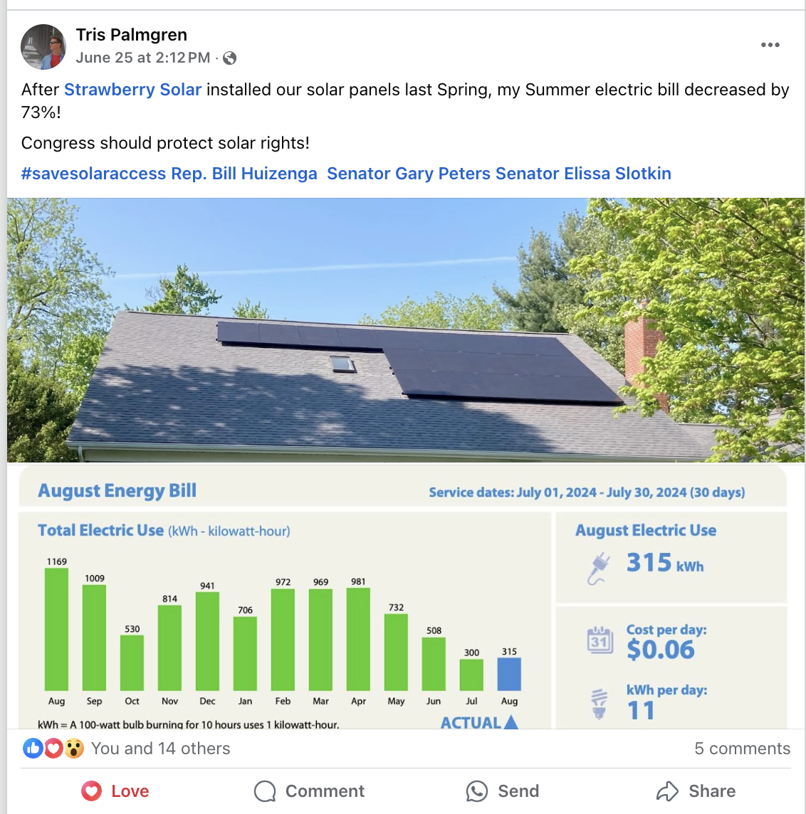Facebook post of Tris Palmgren's, solar owner, electric bill